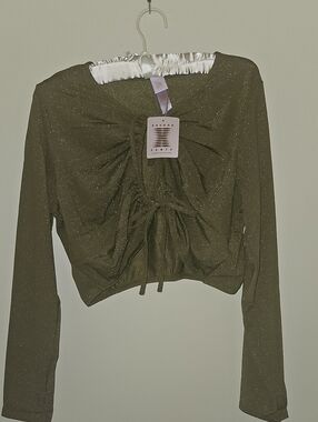 Savage X Fenty Olive Green Sparkle Ruched Long Sleeve Crop Top